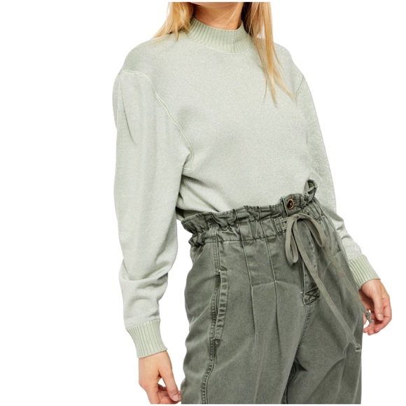 FREE PEOPLE Starry Night Sweatshirt Metallic Mint Green Knit Mock Neck Small New - Picture 3 of 6